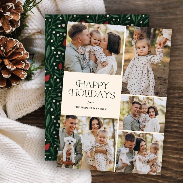 Classic Happy Holidays Collage Floral Photo Holiday Card (Creator Uploaded)