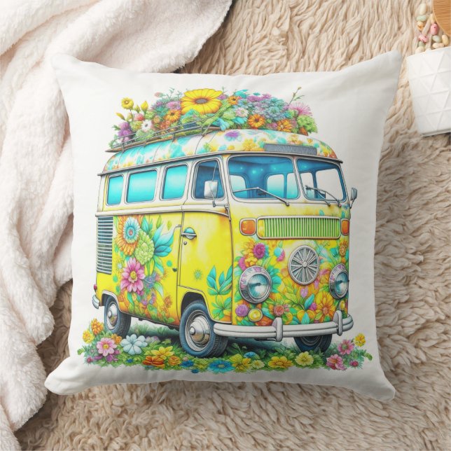 Classic Hippie Tour Bus Throw Pillow (Blanket)