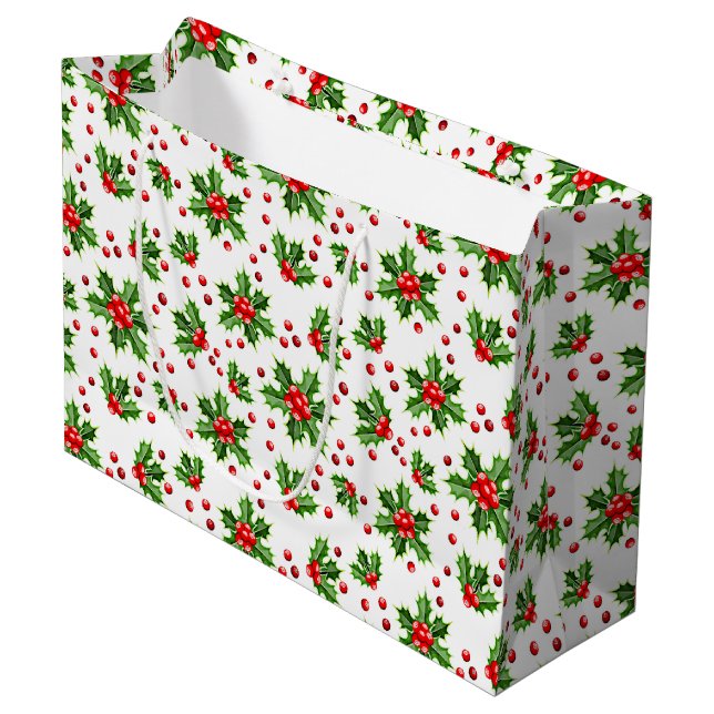 Classic Holiday Green Holly Red Berries Large Gift Bag (Front Angled)