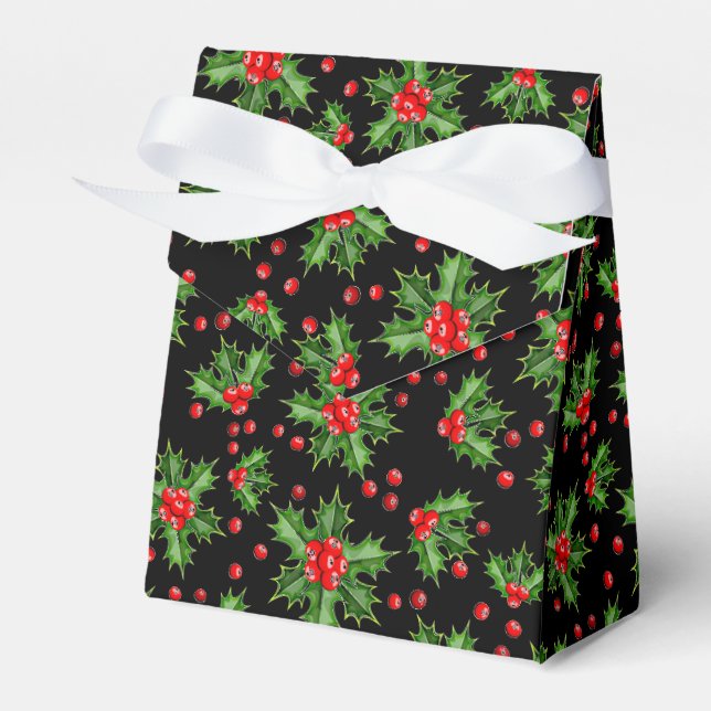 Classic Holiday Green Holly Red Berries Pattern Favor Box (Front Side)