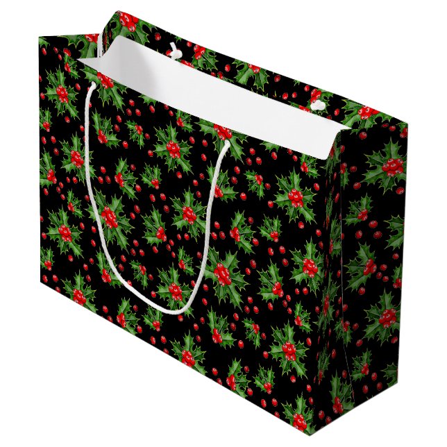 Classic Holiday Green Holly Red Berries Pattern Large Gift Bag (Front Angled)