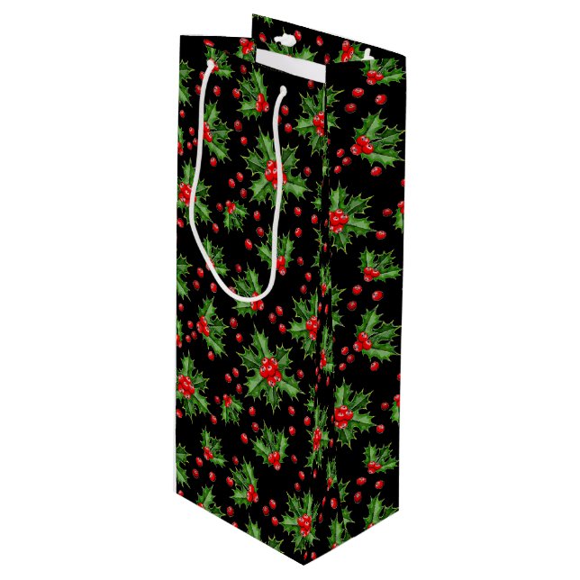 Classic Holiday Green Holly Red Berries Pattern Wine Gift Bag (Front Angled)