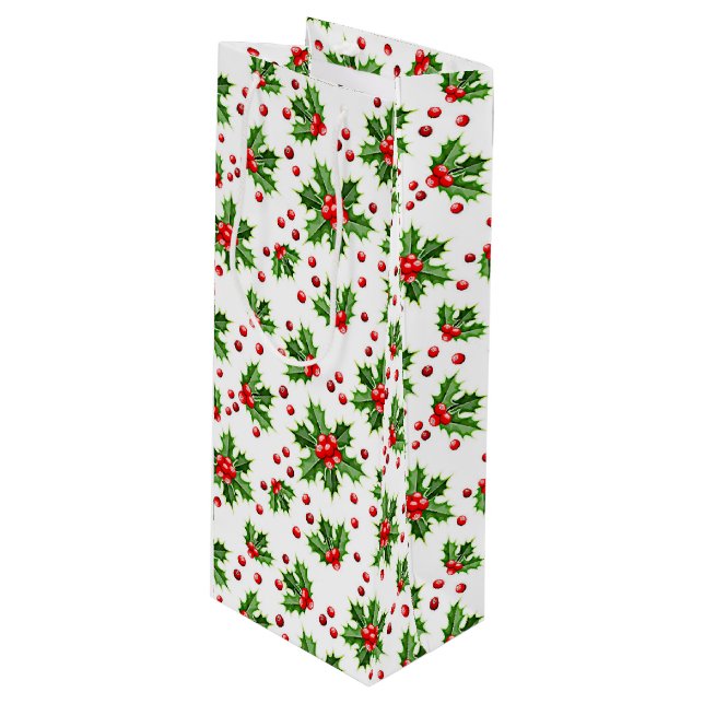 Classic Holiday Green Holly Red Berries Wine Gift Bag (Front Angled)