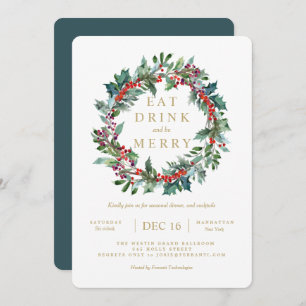 Classic Holiday Holly Berry Wreath Invitation