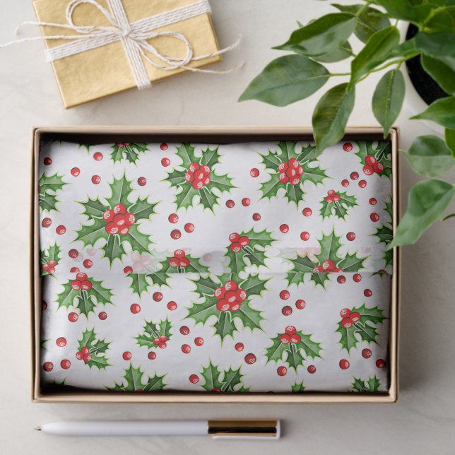 Classic Holiday Holly Tree Leaves Berries Pattern Tissue Paper (Gift)