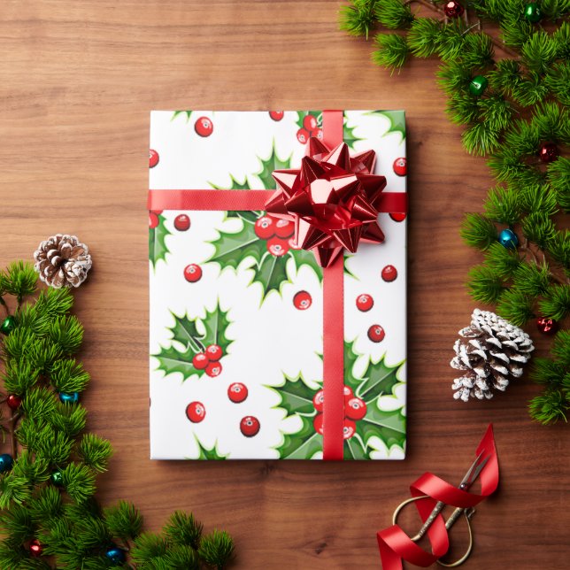 Classic Holiday Holly Tree Leaves Berries Pattern Wrapping Paper (Holiday Gift)