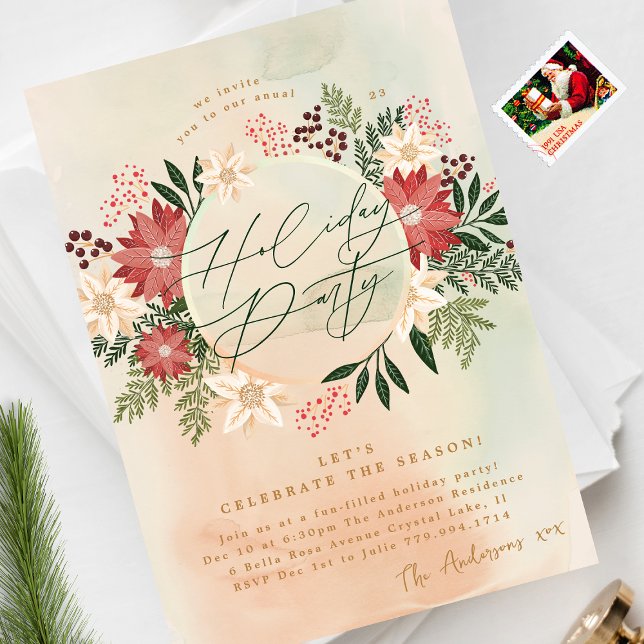 Classic Holiday Party Poinsettia Wreath Splendour Invitation (Creator Uploaded)
