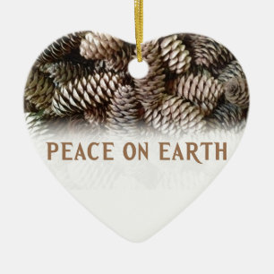 Classic Holiday Pine Cone Peace On Earth Ceramic Ornament