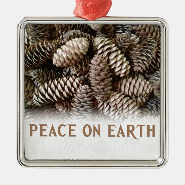 Classic Holiday Pine Cone Peace On Earth Metal Ornament (Front)