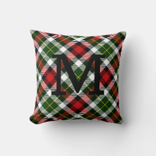 Classic Holiday Plaid Monogram INITIAL Christmas Throw Pillow