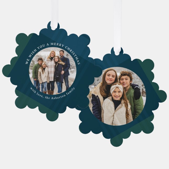 Classic holiday plaid simple two photo Christmas Ornament Card (Front/Back)