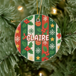 Classic Holiday Red Green Stripes Stars Snowflake  Ceramic Ornament