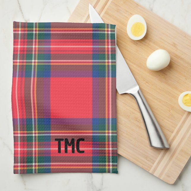Classic Holiday Red Tartan Plaid INITIALS Festive  Kitchen Towel (Quarter Fold)