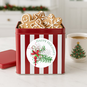 Classic Holiday Red White Candy Cane Green Foliage Round Sticker