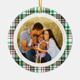 Classic Holiday White Plaid Photo Ceramic Ornament