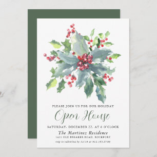 Classic Holly Berry Greenery Holiday Open House Invitation