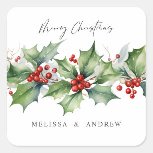 Classic Holly Christmas garland with berries Square Sticker