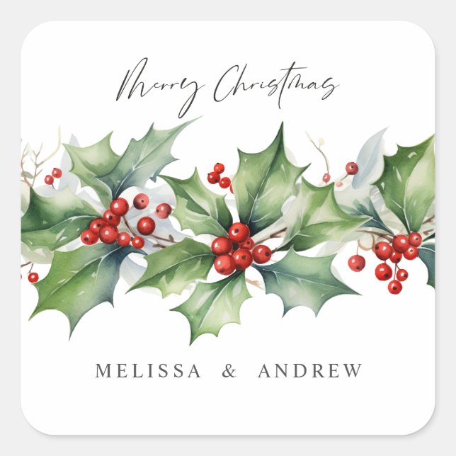 Classic Holly Christmas  garland with berries Square Sticker (Front)