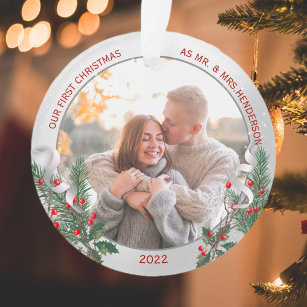 Classic Holly Pine Silver Frame Photo Newlyweds  Ornament