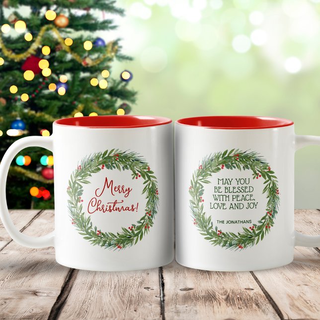 Classic Holly Wreath Family Name Christmas Two-Tone Coffee Mug (Make this Christmas memorable with our Classic Wreath Merry Christmas Coffee Mug.)
