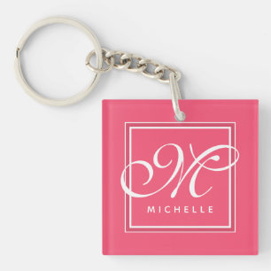 Classic Hot Pink and White Script Monogram Keychain