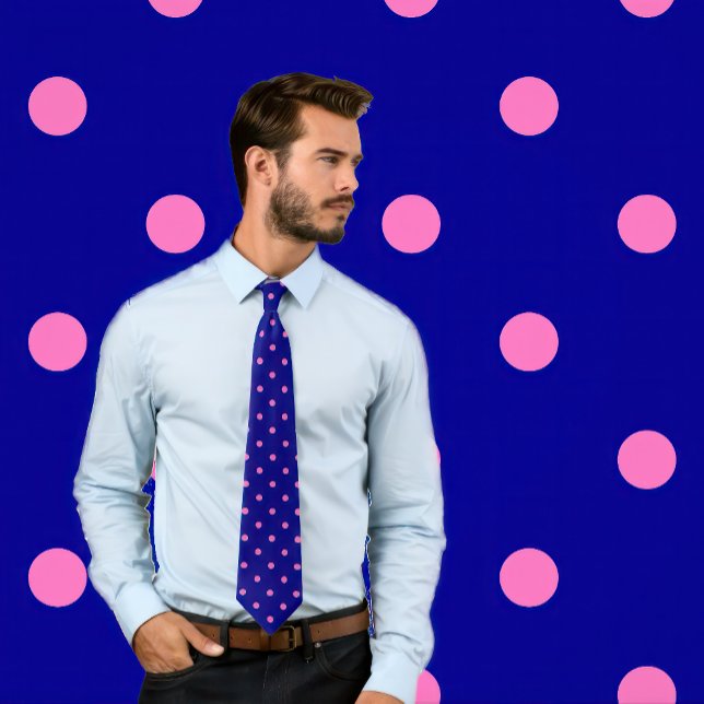 Classic Hot Pink Polka Dots on Navy Tie (Man wears a necktie with hot pink polka dots on navy blue.)