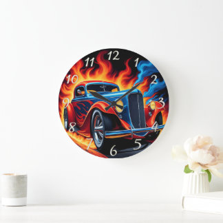 Classic hot rod blazing down the highway at sunset large clock