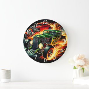 Classic hot rods racing through a fiery backdrop large clock