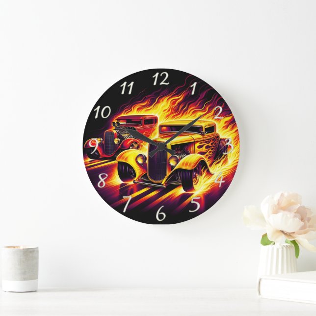 Classic hot rods racing through fiery trails large clock (Home)