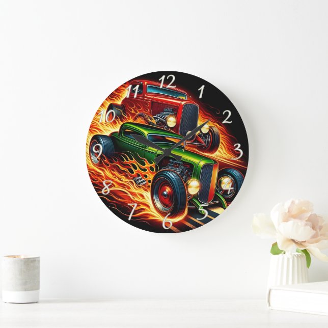 Classic hot rods racing through fiery trails large clock (Home)