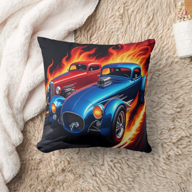 Classic hot rods racing with fiery backgrounds throw pillow (Blanket)