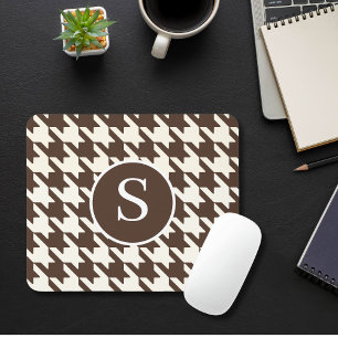 Classic Houndstooth Dark Brown & White Monogram Mouse Pad