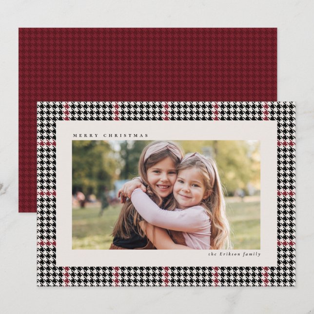 Classic houndstooth frame red black one photo holiday card (Front/Back)