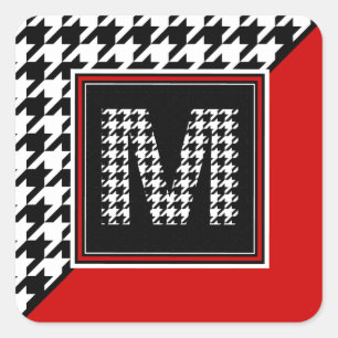 Classic Houndstooth & Monogram   Red Black White Square Sticker