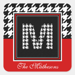 Classic Houndstooth & Monogram   Red Black White Square Sticker