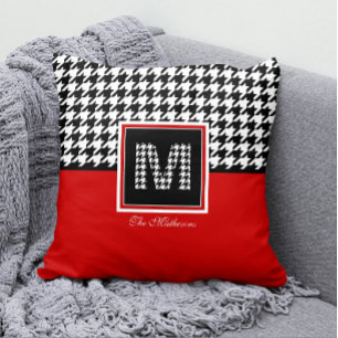 Classic Houndstooth & Monogram   Red Black White Throw Pillow