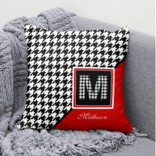 Classic Houndstooth & Monogram   Red Black White Throw Pillow