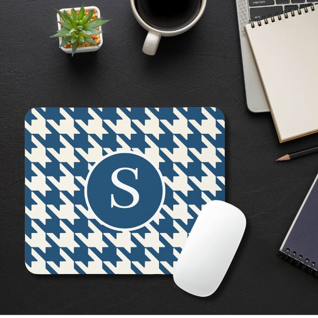 Classic Houndstooth Pattern Blue & White Monogram Mouse Pad (Creator Uploaded)
