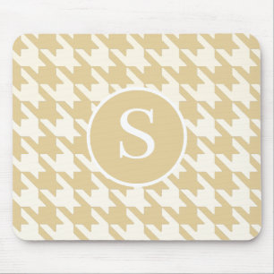 Classic Houndstooth Tan Beige & White Monogram Mouse Pad