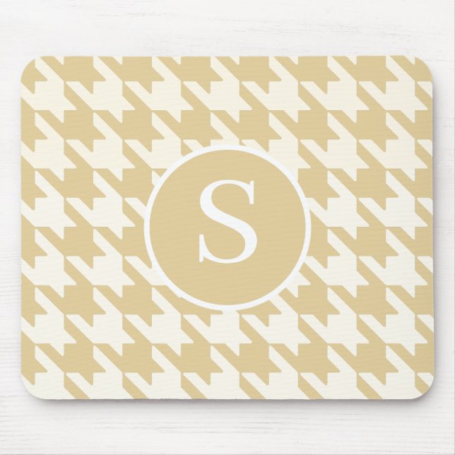 Classic Houndstooth Tan Beige & White Monogram Mouse Pad (Front)