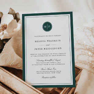 Classic Hunter Green Border Monogram Wedding Invitation