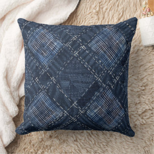 Classic Indigo Diamond Stitch Denim Pattern Throw Pillow