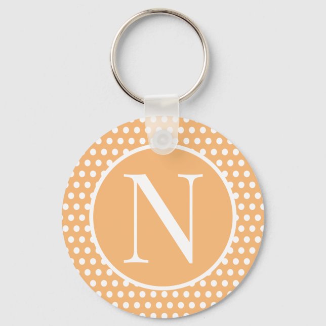 Classic initial letter Light Orange Polka Dots Keychain (Front)