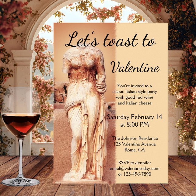 Classic Italian Love Goddess Valentine Invitation (Romantic classic Italian style Valentine's Day party invitation featuring an elegant Roman statue)