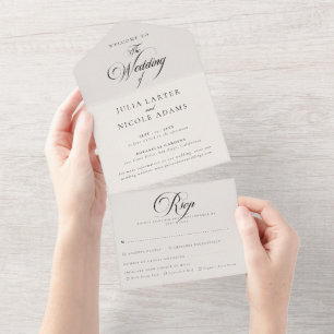 Classic Ivory Black Calligraphy Wedding All In One Invitation