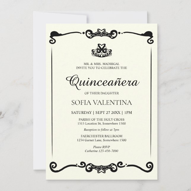 Classic Ivory Black Tiara Quinceanera Invitation (Front)