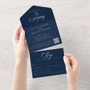 Classic Ivory Blue Calligraphy QR Code Wedding  All In One Invitation