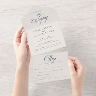 Classic Ivory Blue Calligraphy Wedding  All In One Invitation