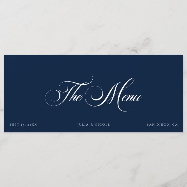Classic Ivory Blue Wedding Guest Menu Cards (Front)