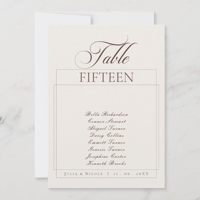 Classic Ivory Brown Calligraphy Name Table Number (Front)